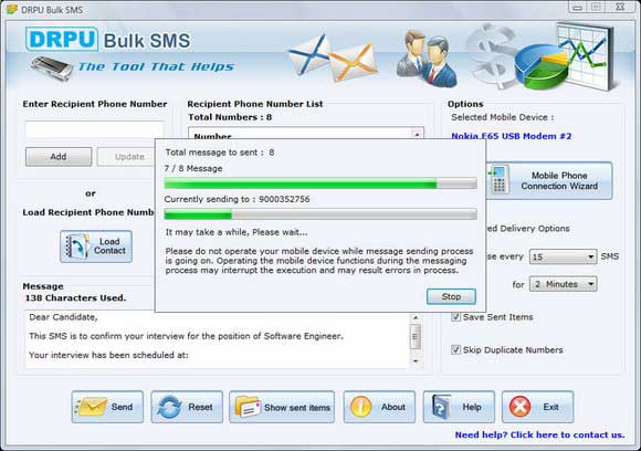 Screenshot of Nokia Mobile Phone Bulk SMS Software