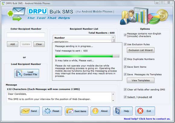 Screenshot of Android Bulk SMS Software
