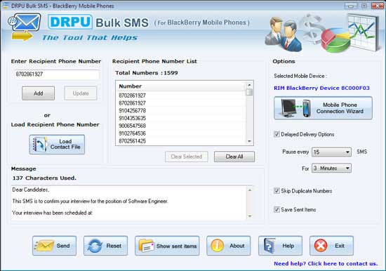 Screenshot of BlackBerry SMS Marketing