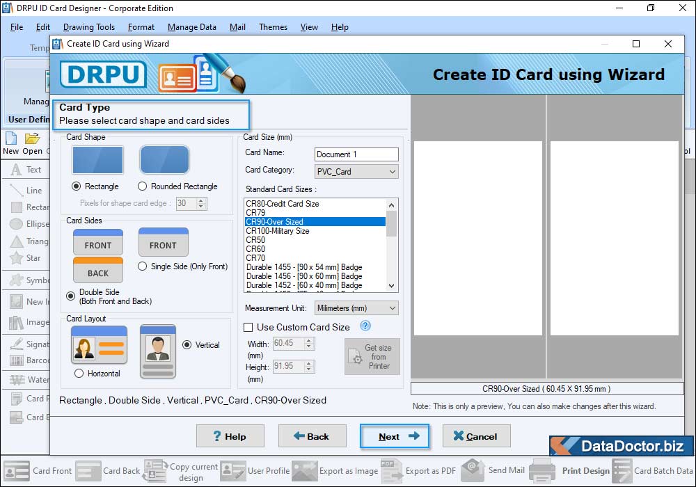 Set Card Information and Card Size Create ID Card using Wizard