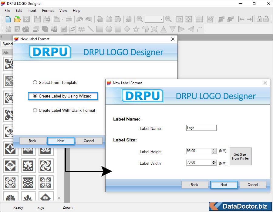 specify Label name and size