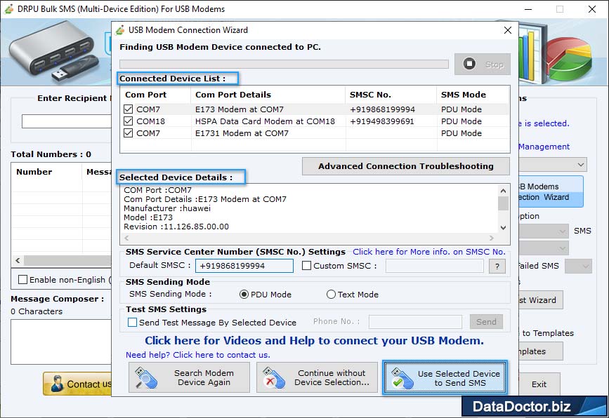 Bulk SMS messaging software send message sending program USB modem